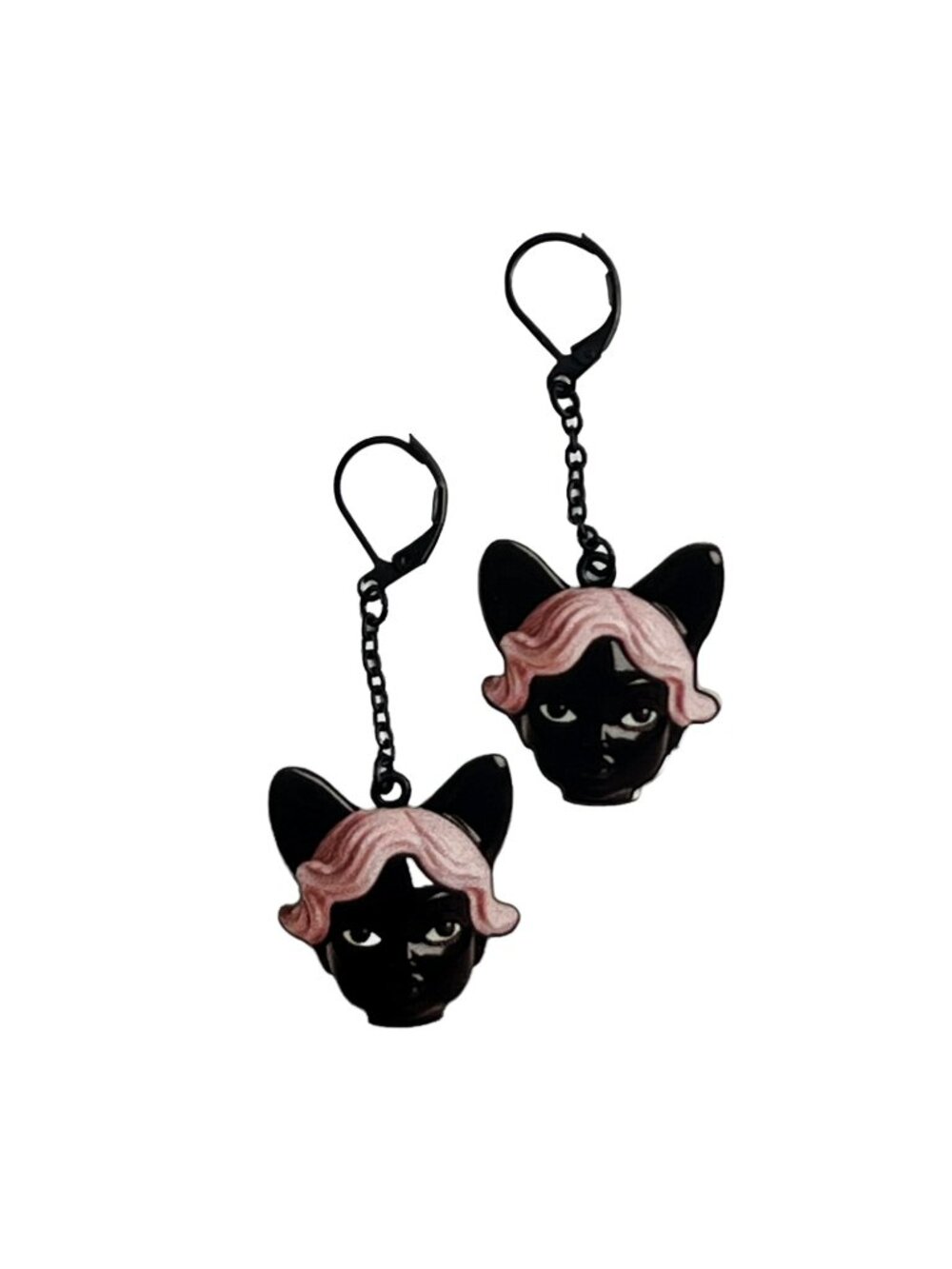 Retro Feline Femme Cat-Ear Doll Face Pink Hair Dangle Woodcut Earrings
